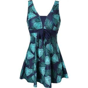 ECUPPER Womens One Piece Swimdress Shaping Body Blue Tropical Palm Print XL